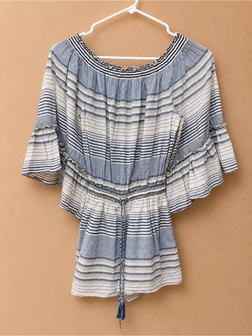 Chelsea & Violet Blue and White Striped Off-Shoulder Tunic